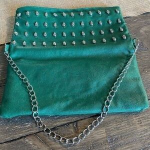 Faux Leather Purse Green With Little Skulls Decorating The Bag In EUC